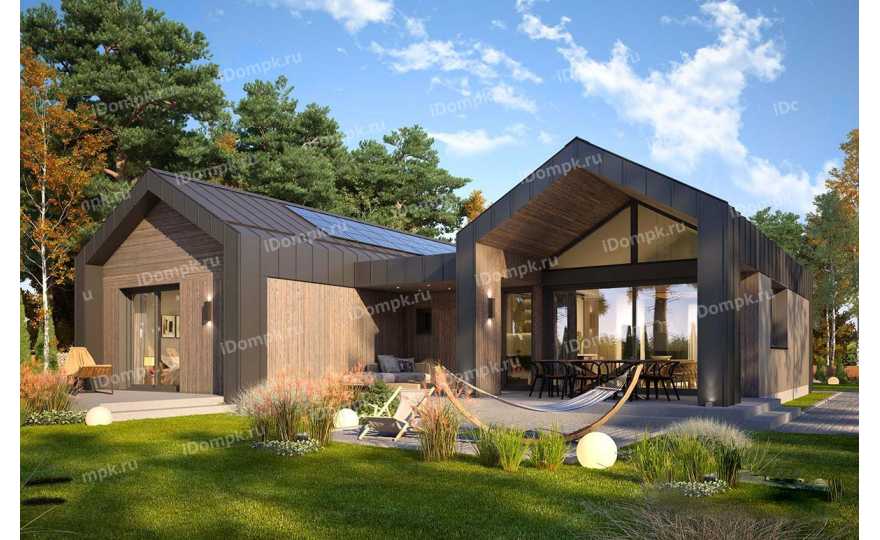 Проект одноэтажного дома в стиле Барнхаус с террасой и большой гостиной