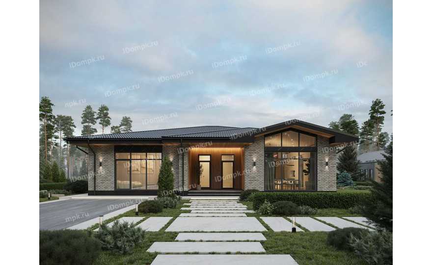 Проект одноэтажного дома с большими окнами в кухне-гостиной и террасой