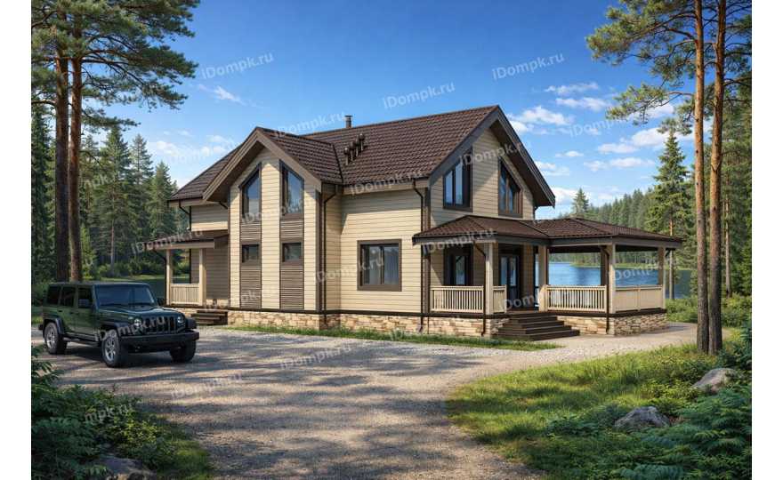 Проект дома на винтовых сваях с большой верандой и 5 спальнями