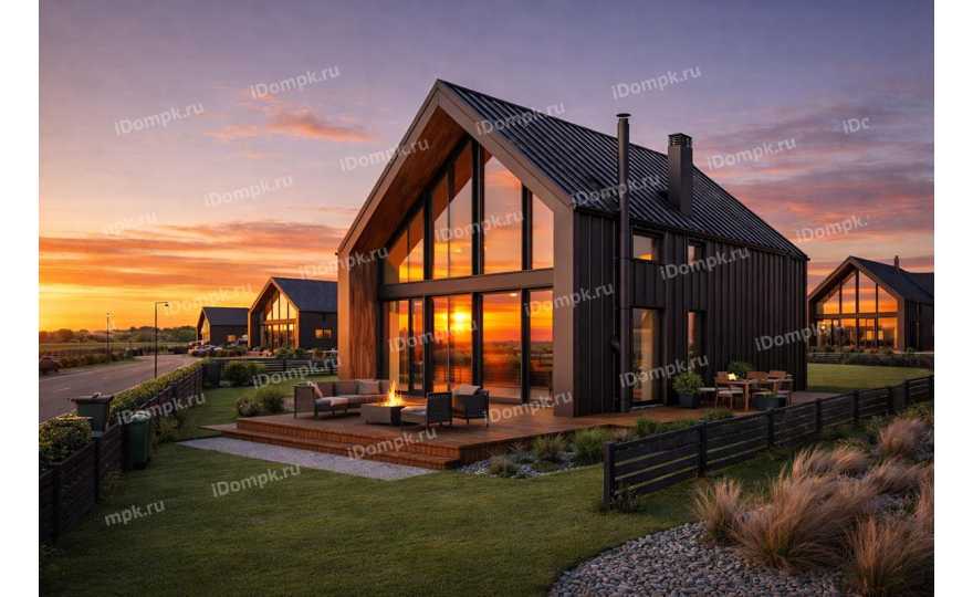 Проект дома в стиле барнхаус с сауной, 2 спальнями и большими окнами