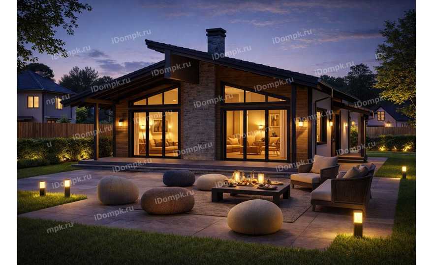 Проект одноэтажного дома до 100 кв с 3 спальнями и большими окнами