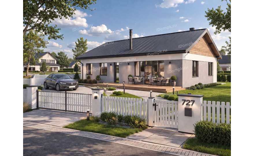 Проект одноэтажного дома с сауной, 4 спальнями и кухней-гостиной