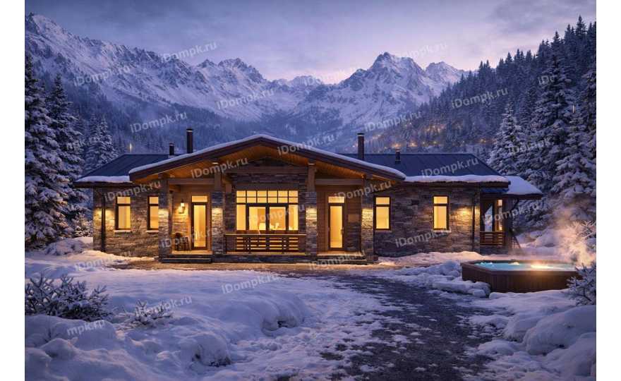 Проект одноэтажного дома в стиле шале с 3 спальнями, кабинетом и террасой