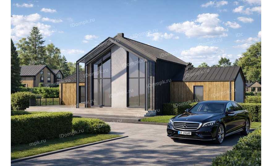 Проект дома в стиле барнхаус с большими окнами, антресолью и вторым светом