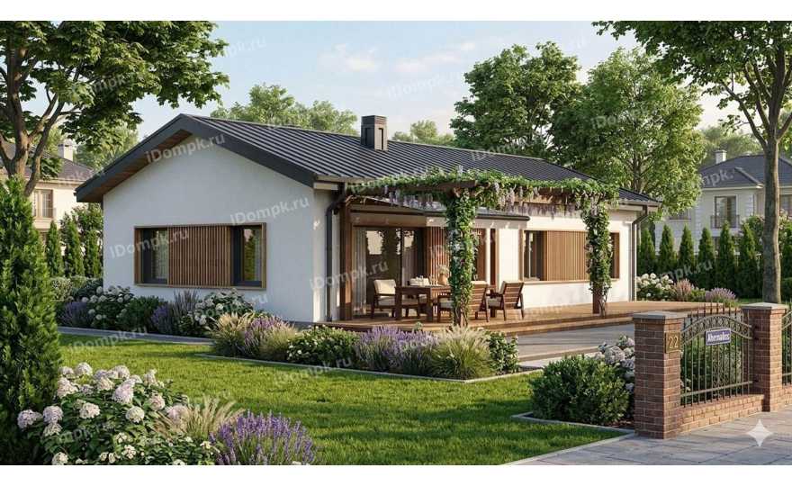 Проект небольшого одноэтажного дома с сауной, 3 спальнями и кухней-гостиной