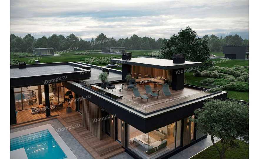 Проект большого одноэтажного дома с эксплуатируемой крышей, сауной и навесом