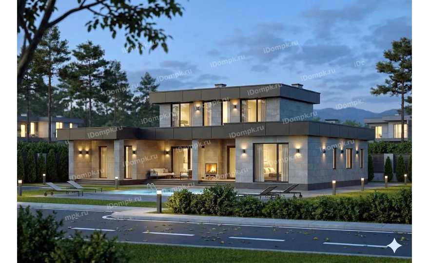 Проект двухэтажного дома с 4 спальнями, кабинетом, сауной и большой кухней-гостиной