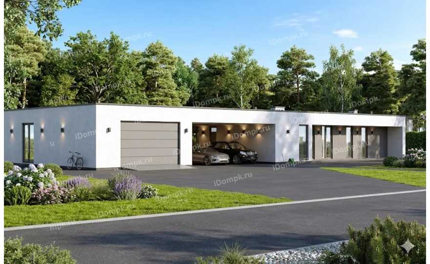 Проект большого одноэтажного дома с 3 спальнями, плоской крышей, навесом и гаражом