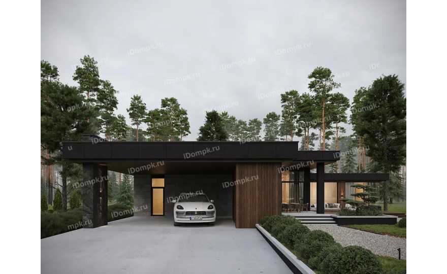 Проект одноэтажного углового дома с плоской крышей, сауной, 2 спальнями, кабинетом и навесом