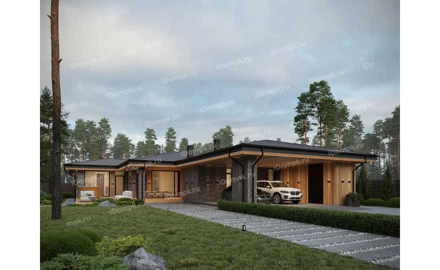 Проект одноэтажного дома в стиле Райта с сауной, 3 спальнями, террасой, патио и навесом на 2 машины