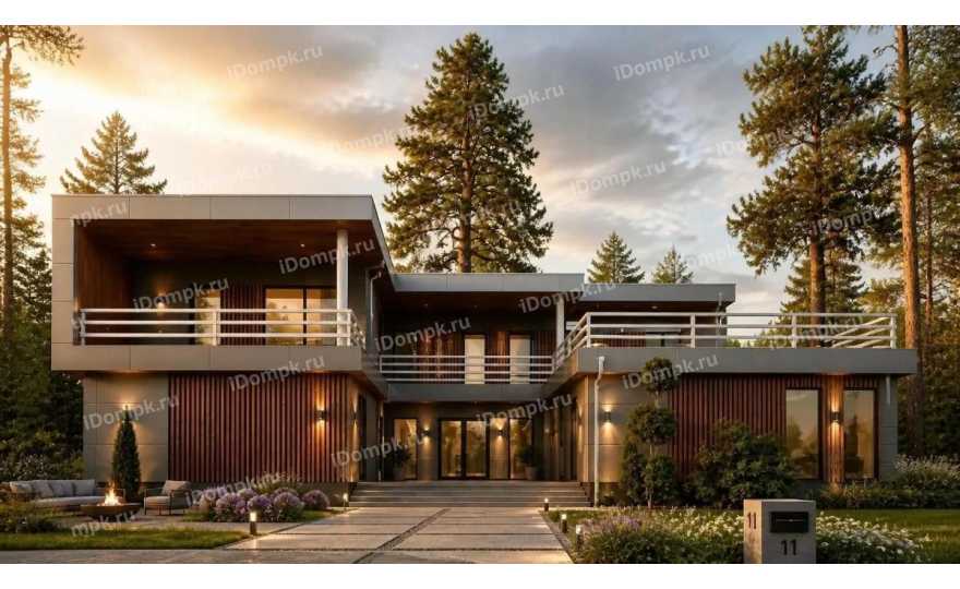 Проект двухэтажного дома с плоской крышей, патио, библиотекой и кинотеатром