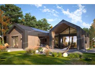 Проект одноэтажного дома в стиле Барнхаус с террасой и большой гостиной