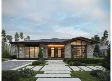 Проект одноэтажного дома с большими окнами в кухне-гостиной и террасой