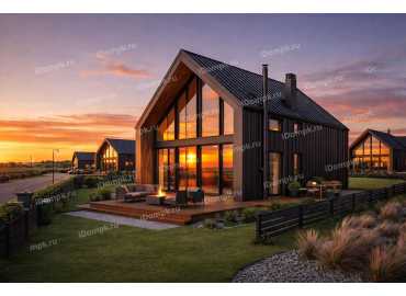 Проект дома в стиле барнхаус с сауной, 2 спальнями и большими окнами