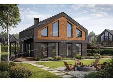 Проект дома с мансардой, 5 спальнями, кабинетом, навесом и террасой