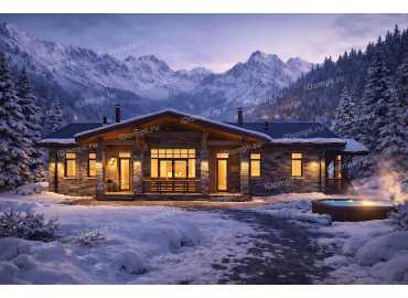 Проект одноэтажного дома в стиле шале с 3 спальнями, кабинетом и террасой