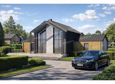 Проект дома в стиле барнхаус с большими окнами, антресолью и вторым светом