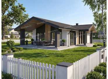 Проект одноэтажного дома с 2 спальнями, крытой террасой и кухней-гостиной