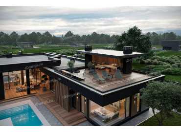 Проект большого одноэтажного дома с эксплуатируемой крышей, сауной и навесом