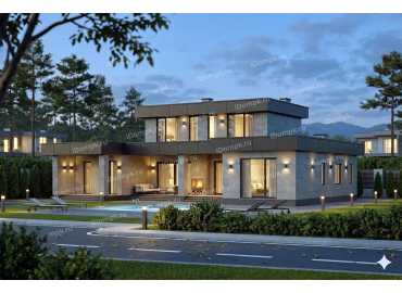 Проект двухэтажного дома с 4 спальнями, кабинетом, сауной и большой кухней-гостиной