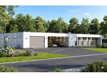 Проект большого одноэтажного дома с 3 спальнями, плоской крышей, навесом и гаражом