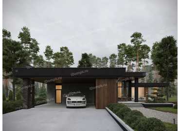 Проект одноэтажного углового дома с плоской крышей, сауной, 2 спальнями, кабинетом и навесом