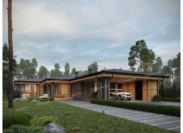 Проект одноэтажного дома в стиле Райта с сауной, 3 спальнями, террасой, патио и навесом на 2 машины